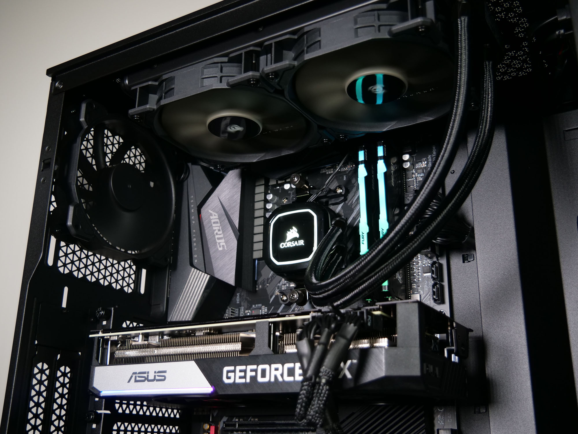 View of the All-in-One CPU cooler installed in a Chillblast Vanta Black R7 RTX 3070 Gaming PC.