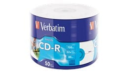 Verbatim 700MB CD-R Discs, 52x, Inkjet Printable, 50 Pack Wrap Spindle
