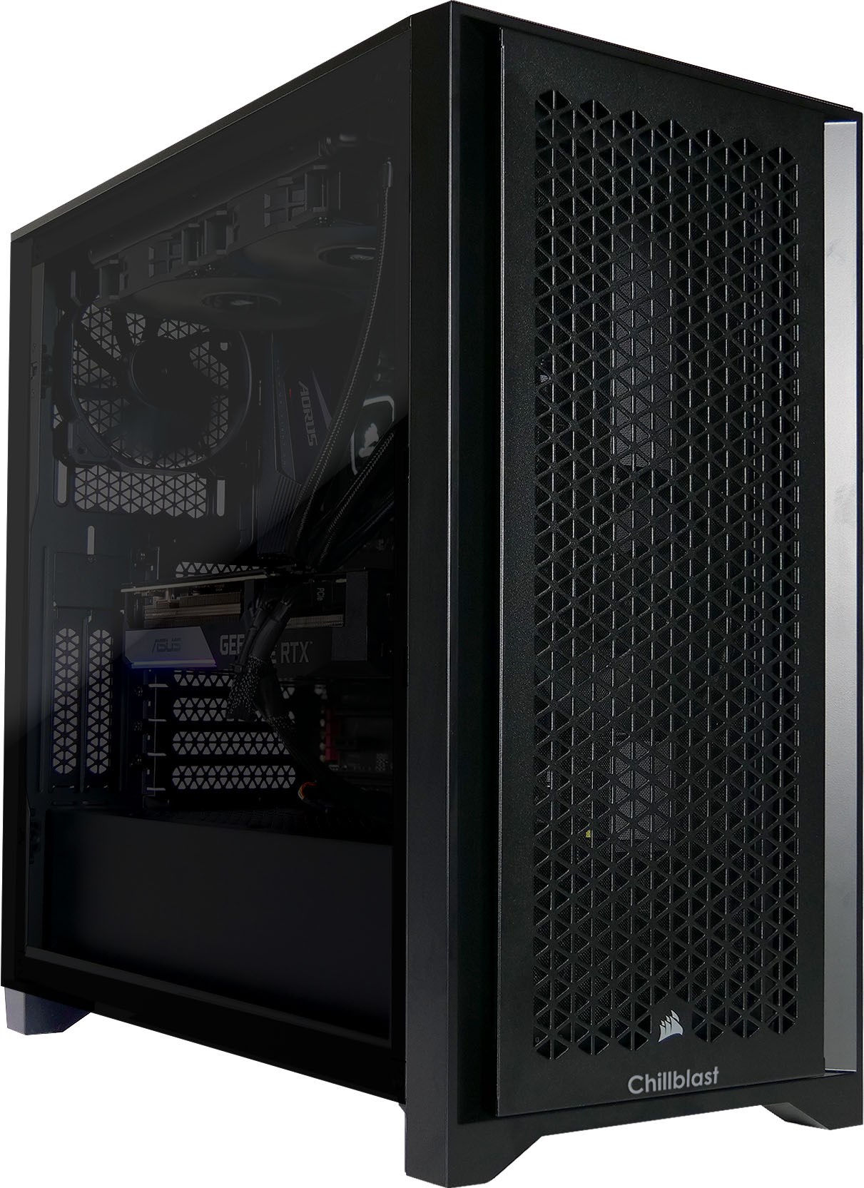 View of front and left side of a Chillblast Vanta Black R7 RTX 3070 Gaming PC