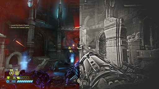 Screenshot of DOOM Eternal using Old Film, Details, SpecialFX and Splitscreen Freestyle Game Filters