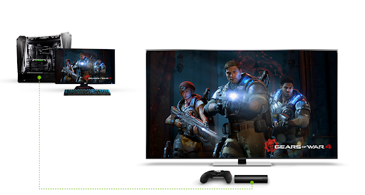 Gamestream demonstration, showing a PC playing Gears of War 4 streaming to a NVIDIA shield connected to a TV