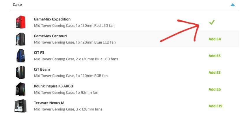 Arrow pointing to Case selections on the Customisation page of a Horizon PC