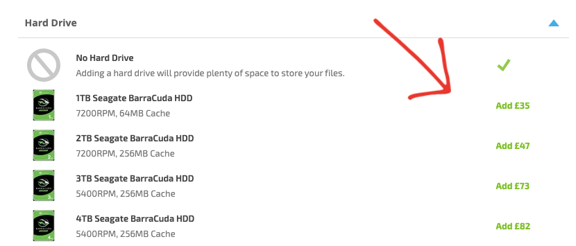 Arrow pointing to the 1TB Hard Drive selection on the Customisation page of a Horizon PC