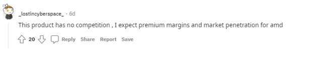 Reddit comment from user _lostincyberspace_ regarding expectations of AMD margins and market penetration