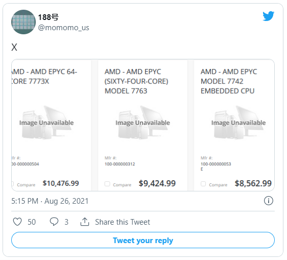 Twitter user @momomo_us tweet regarding pricing on AMD Milan-X chips