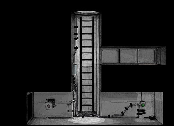 Level design screenshot in black and white from 'A Crooked Heart'