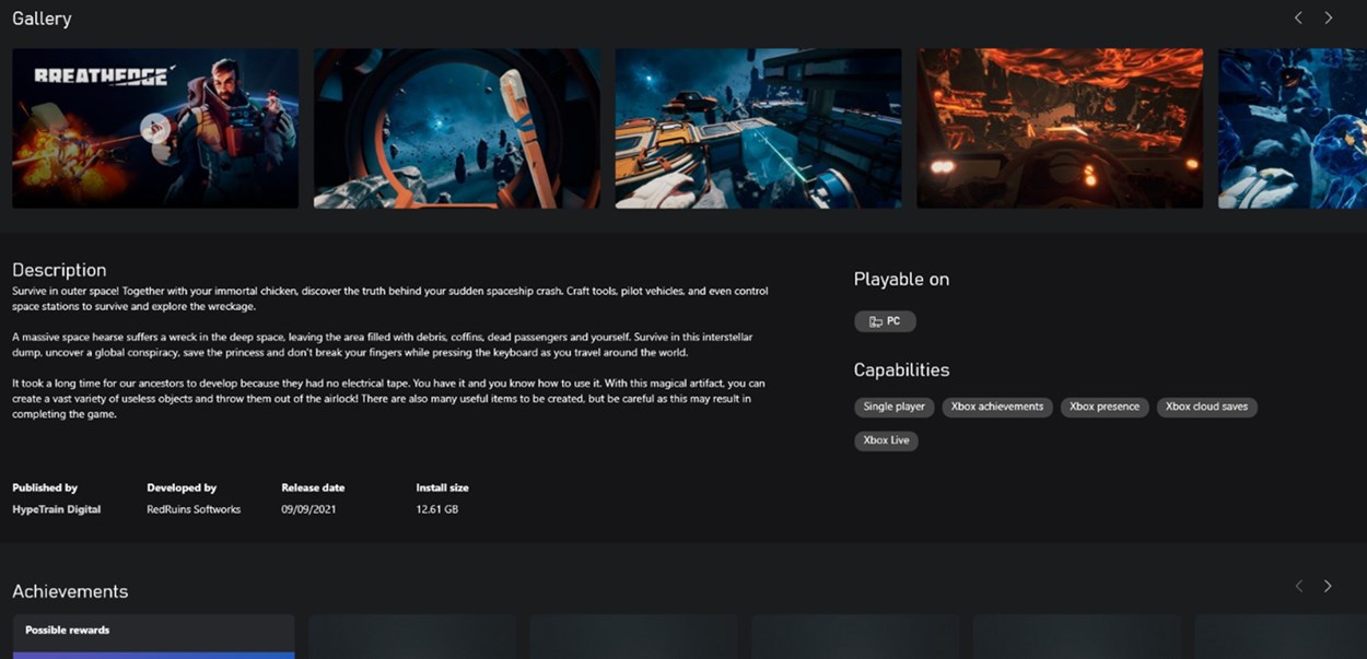 The full details of the game Breathedge from the Xbox app