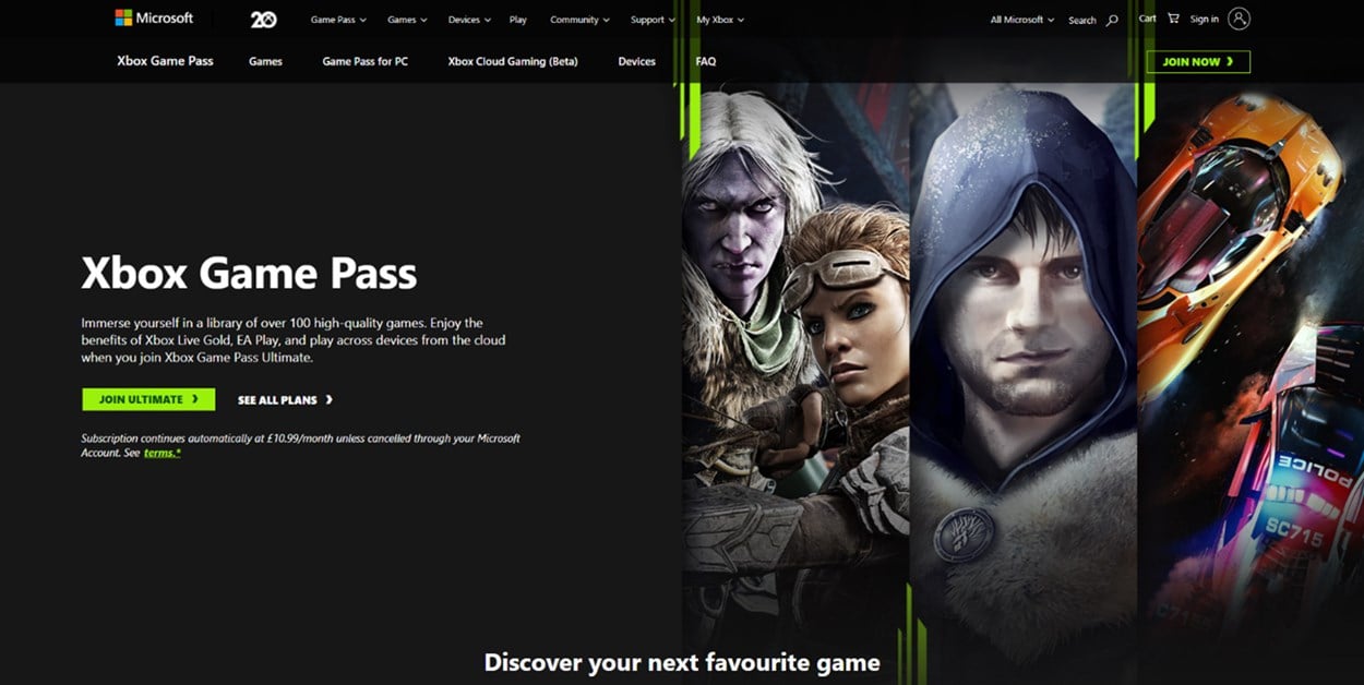 The Microsoft Game Pass landing page