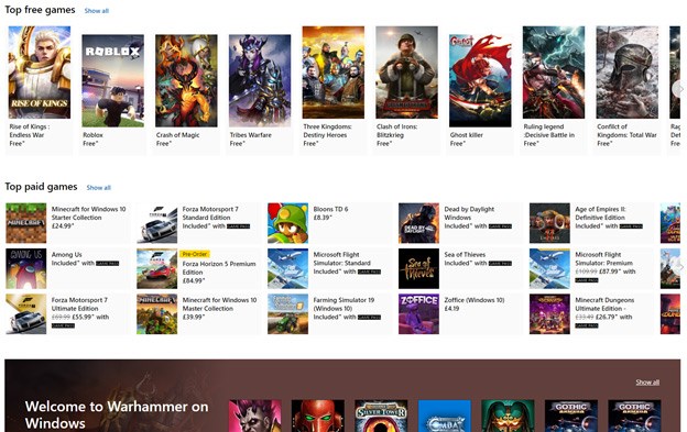 A view of just some of the gmaes on the Microsoft Store