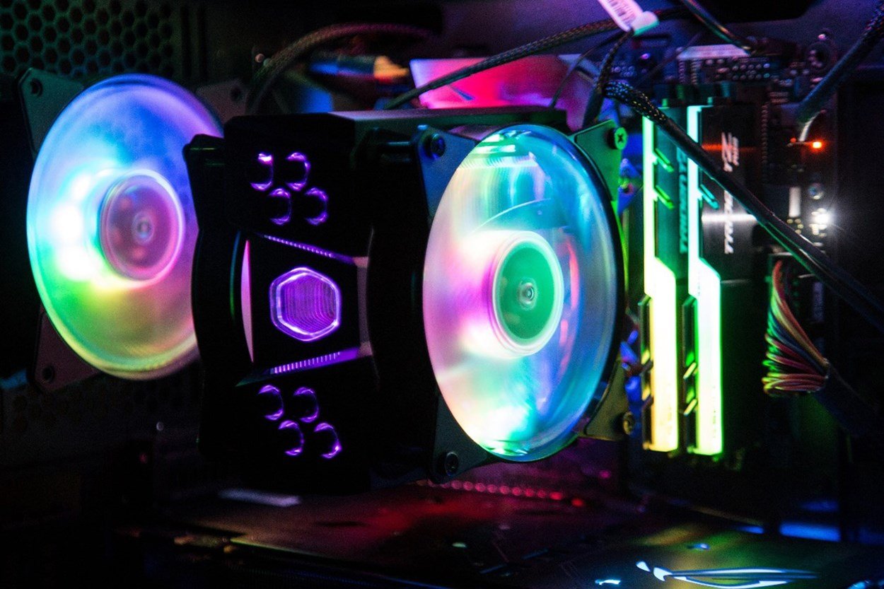 Cooler Master MasterAir MA410M with RGB lights and fan spining
