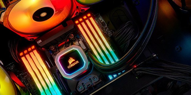Corsair RGB promotional Image Showing case fan, CPU and RAM RGB lighting
