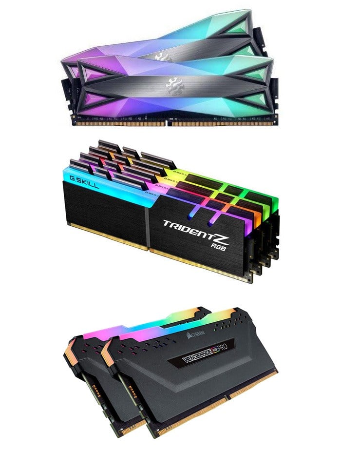 Three different types of RGB Ram modules from Razer, GSkill and Corsair