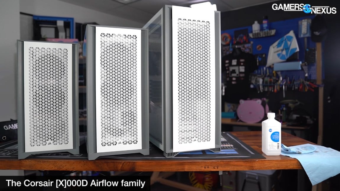 Gamers Nexus image of the Corsair 4000, 5000, and 7000 series cases