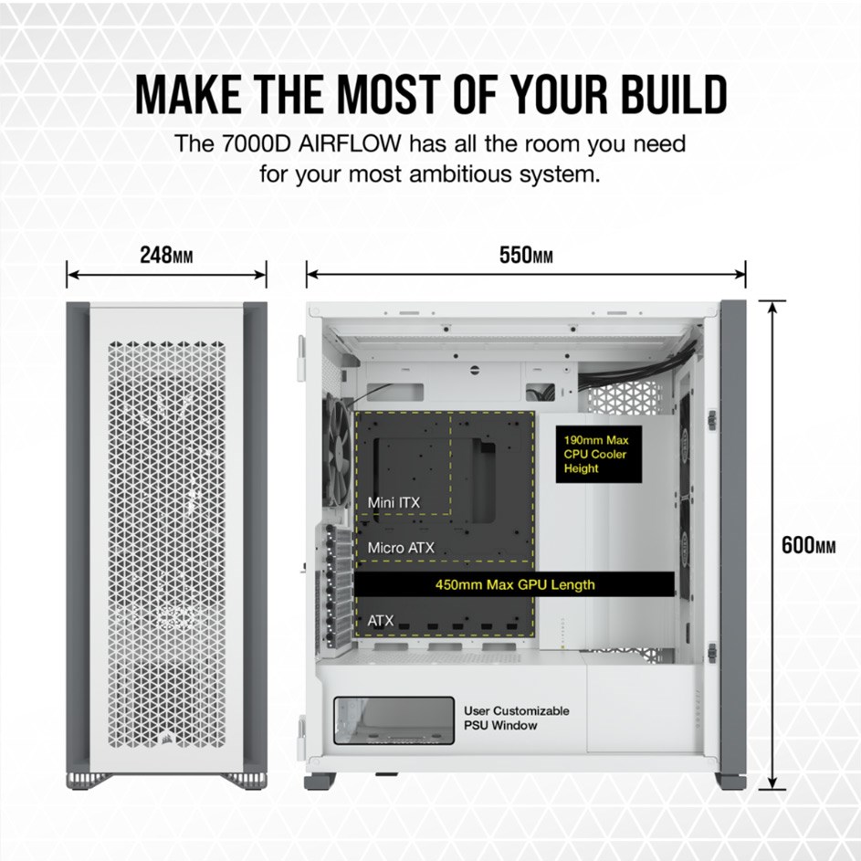 Internal sizes and measurements of the Corsair 7000D Airflow