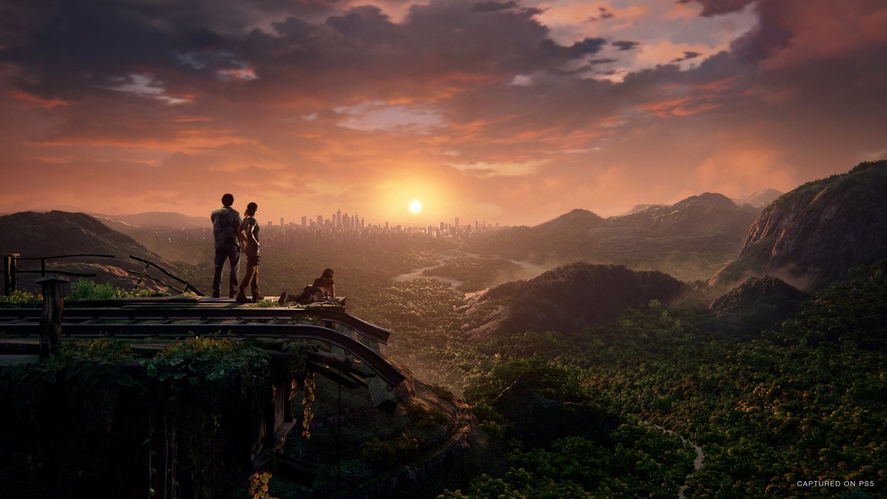 Characters from Uncharted overlooking a mountain range and jungle from up high.