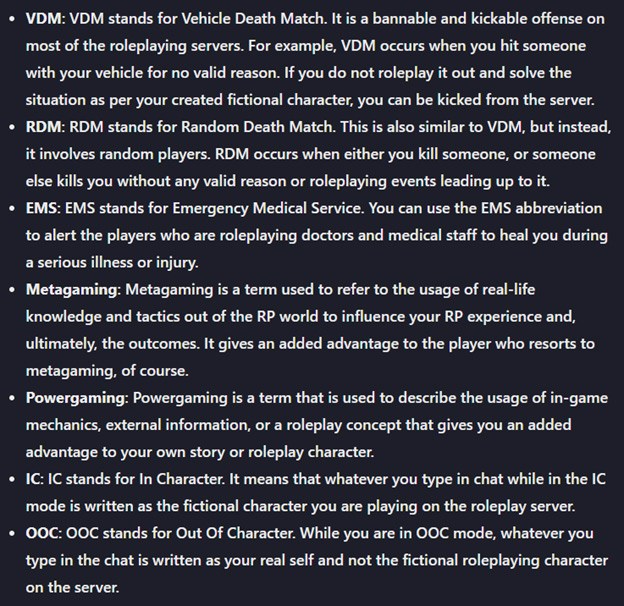 Words, Phrases and Abbreviations in FiveM Courtesy: GTABoom.com