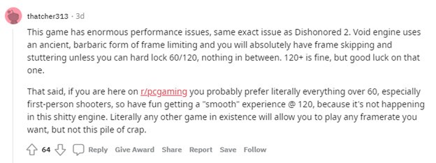 Reddit comment regarding Deathloop performance issues.