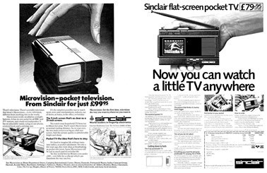 Original magazine advertisement for Sinclair Microvision TV and flat-screen TV.