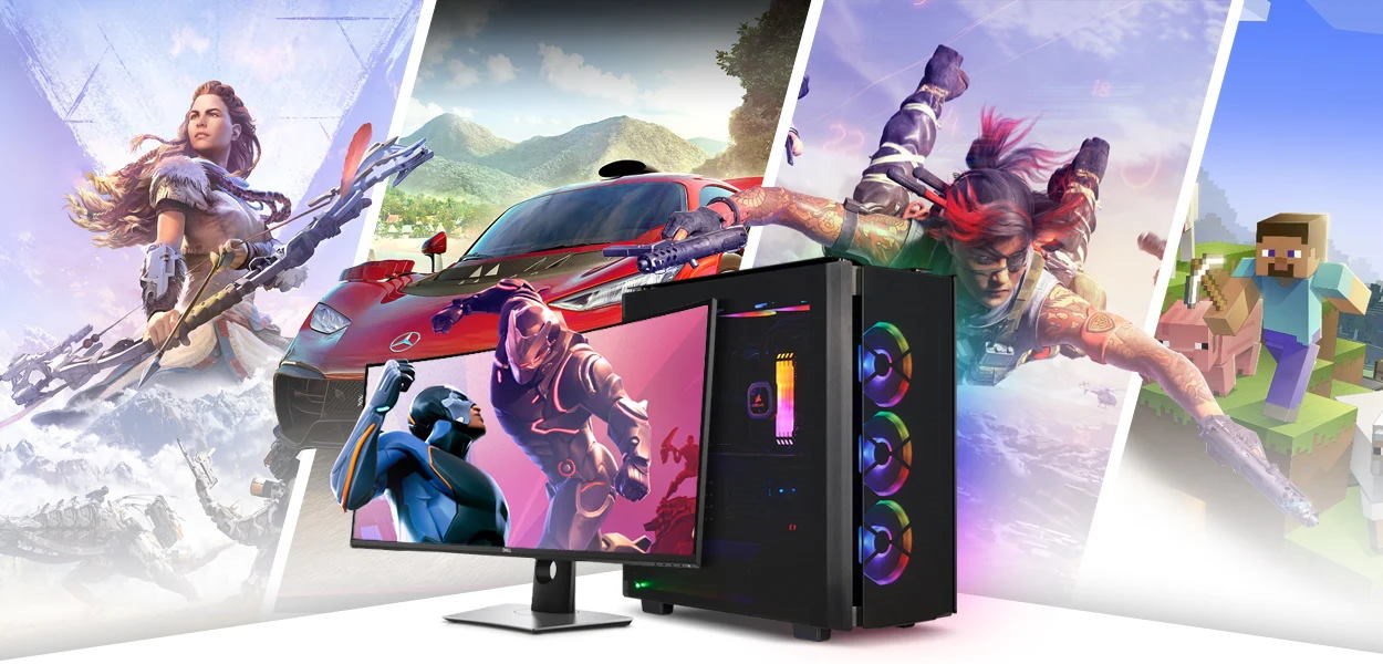 A gaming PC in front of images of various games including Horizon, Forza and Minecraft.