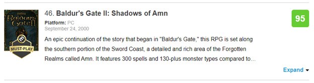 Baldur's Gate 2: Shadows of Amn's 95/100 rating on Metacritic.