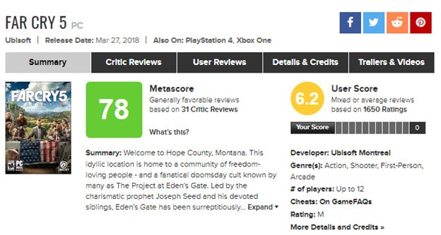 Far Cry 5's 78/100 rating on Metacritic.