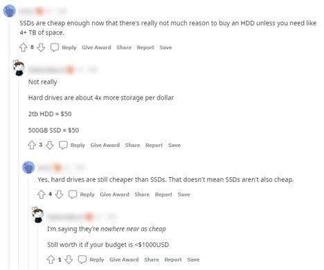 Reddit drama unfolding as users discuss SSD vs HDD for gaming storage.