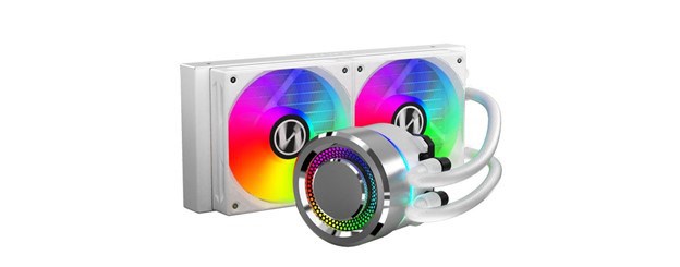 Lian Li Galahad 240mm RGB AIO white CPU cooler.