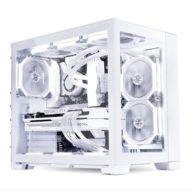 Full white PC build inside a Lian Li O11D Mini-S Snow Edition white case.