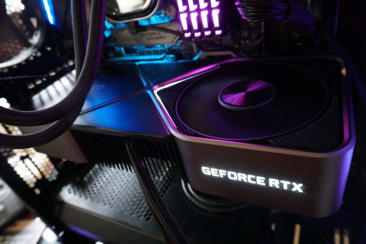 A NVIDIA GeForce RTX 30 Series graphics card installed in a PC.