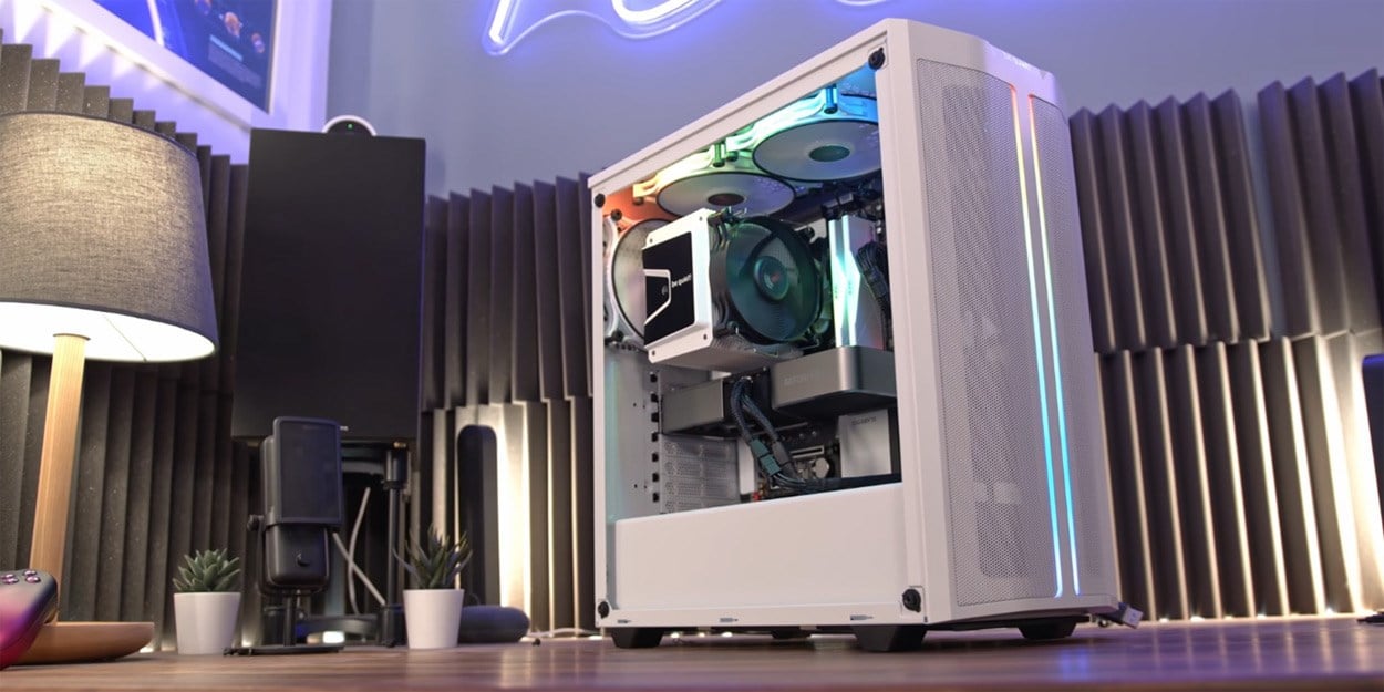 A fully build PC inside a bequiet! 500DX case, sat on a desk.