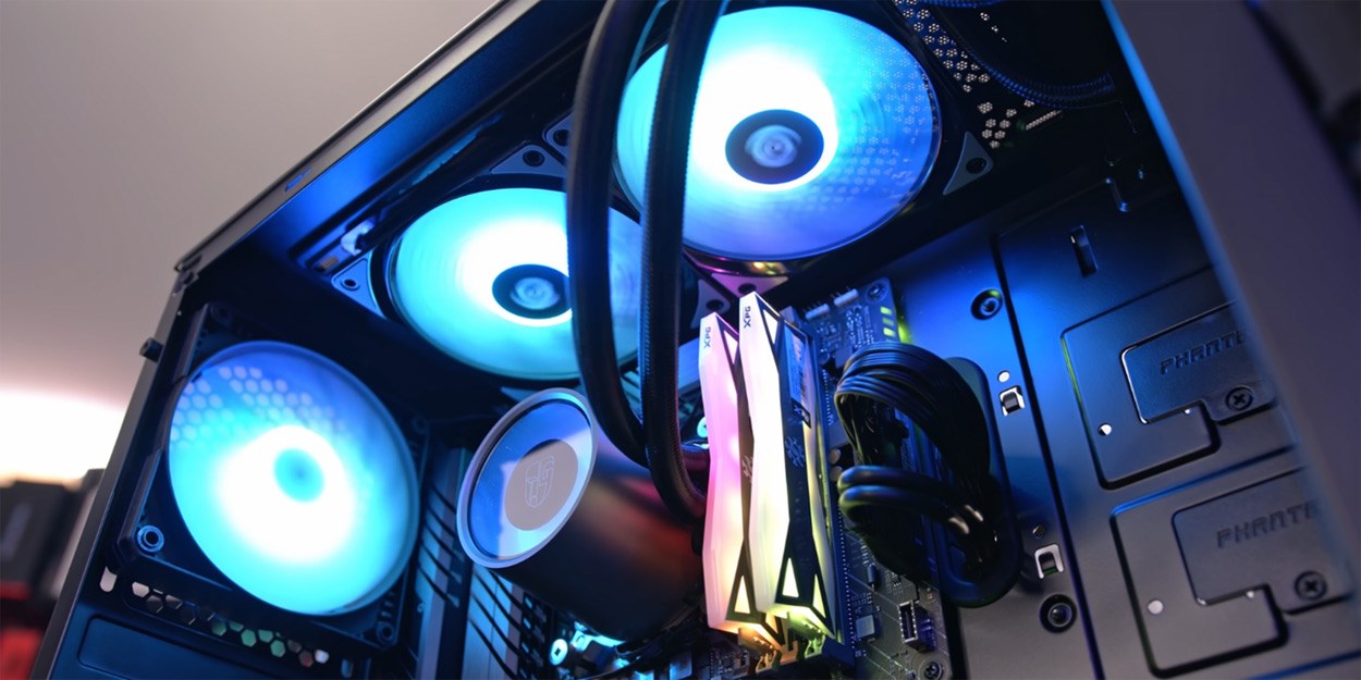 PC hardware, including a liquid cooler and RGB memory, mounted inside a Phanteks Eclipse P400A case.