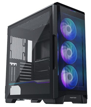 A angled shot of a Phanteks Eclipse P500A DRGB Case with three front RGB fans and a RGB strip along the side.