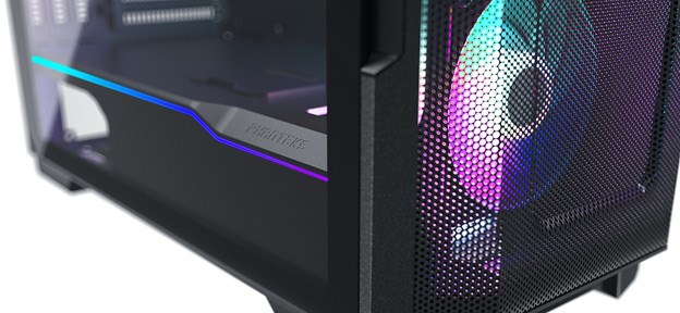 An angled view of the bottom quarter of a Phanteks Eclipse P500A case, showcasing the RGB fan and side lighting.