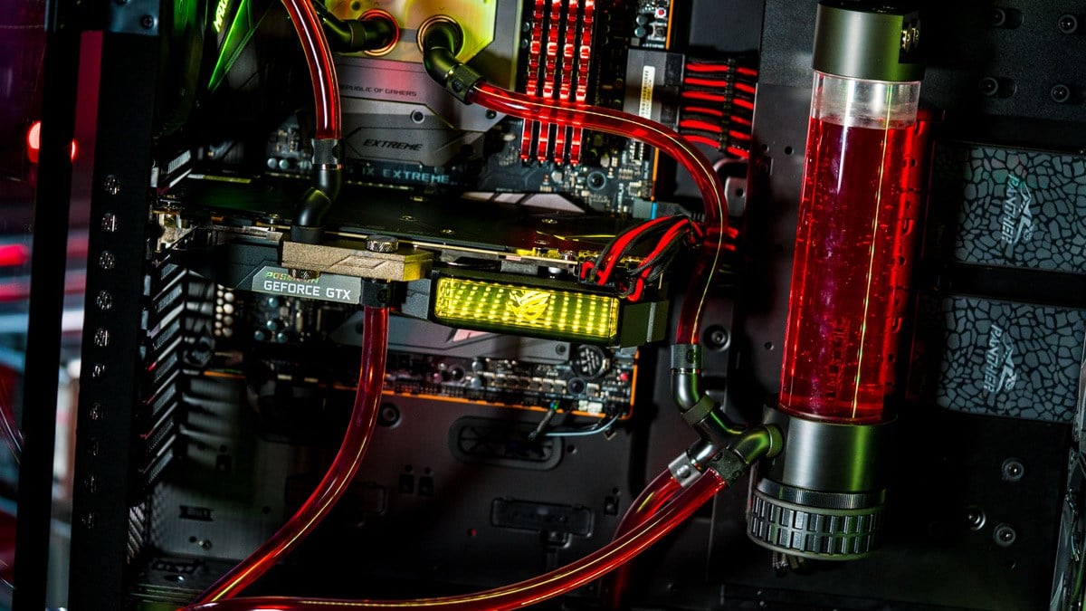 The inside of a water-cooled PC.