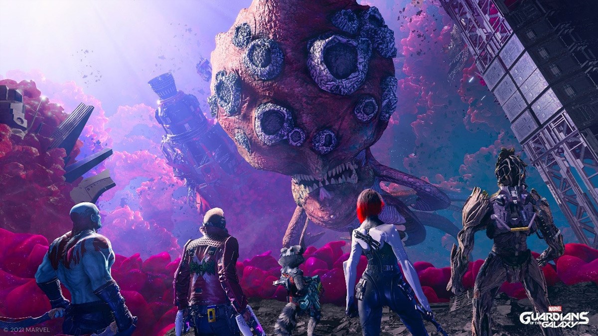 The Guardians of the Galaxy encountering a giant alien being.