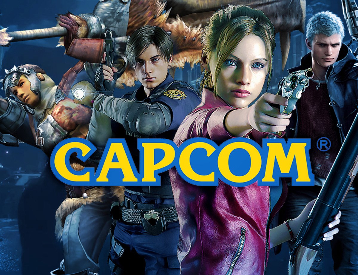 The Capcom logo over some of their games, with Leon and Claire from Resident Evil 2 Remake feature prominently.