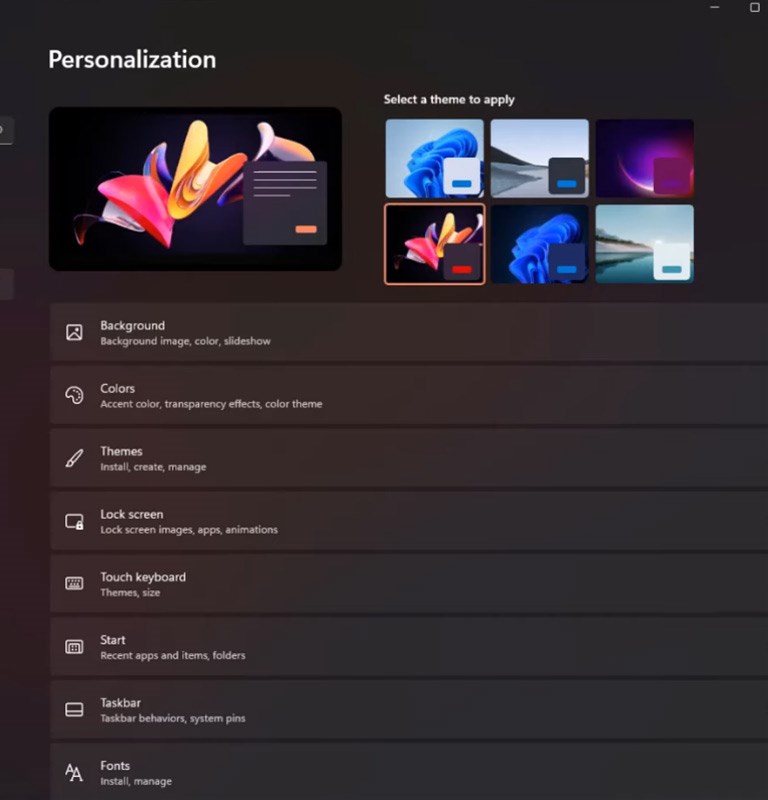 Personalisation menu in Windows 11 settings.