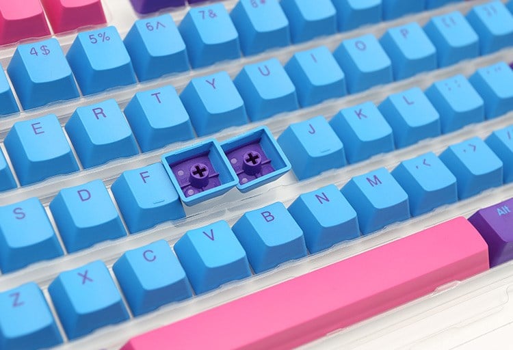 Ducky's PBT Double-shot Joker blue and pink keycaps.