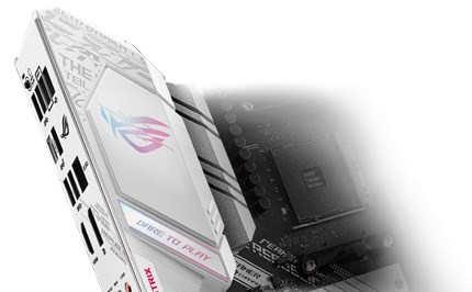 A white ASUS ROG motherboard.