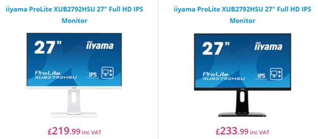 Price difference between the white and black version of an iiyama monitor.
