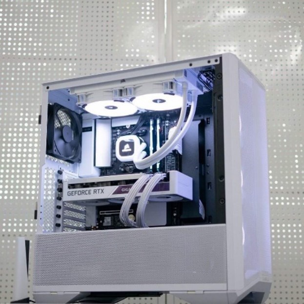 A PC built inside a white Lian Li Lancool 205 case.