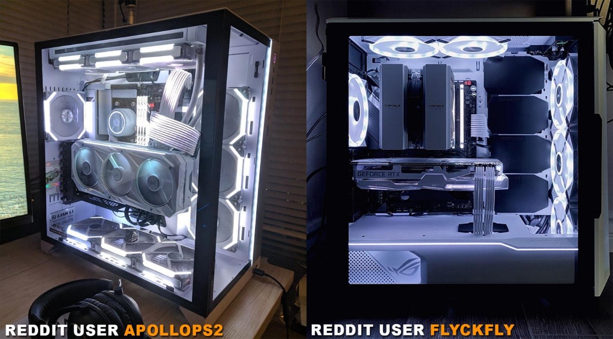 Two all-white PC builds by Reddit users.