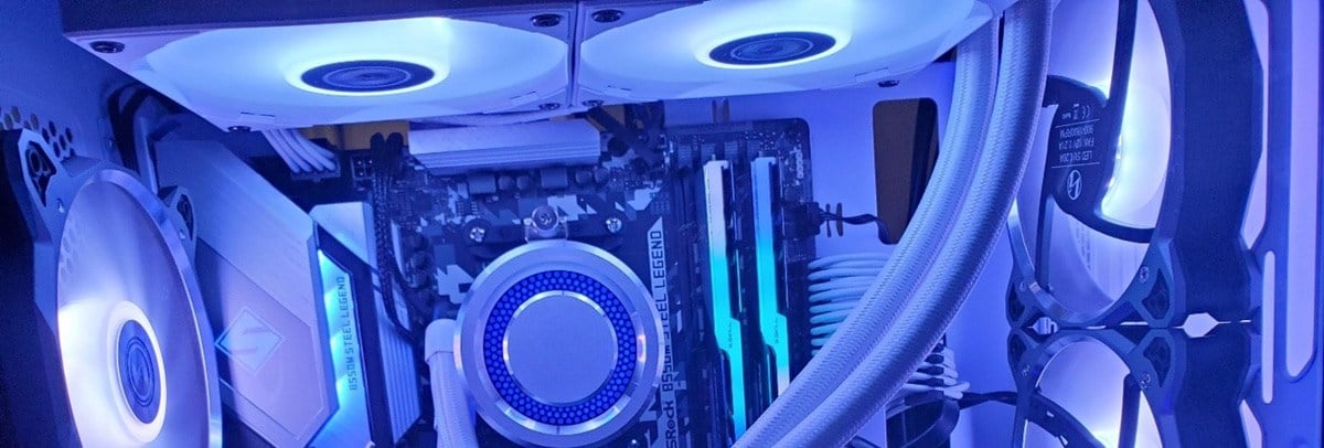 A Lian Li Galahad white cooler fitted inside a PC case.