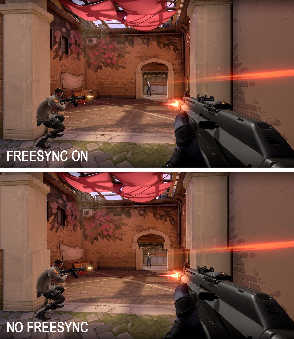 A comparison between the image quality with FreeSync on and off using the game Valorant.