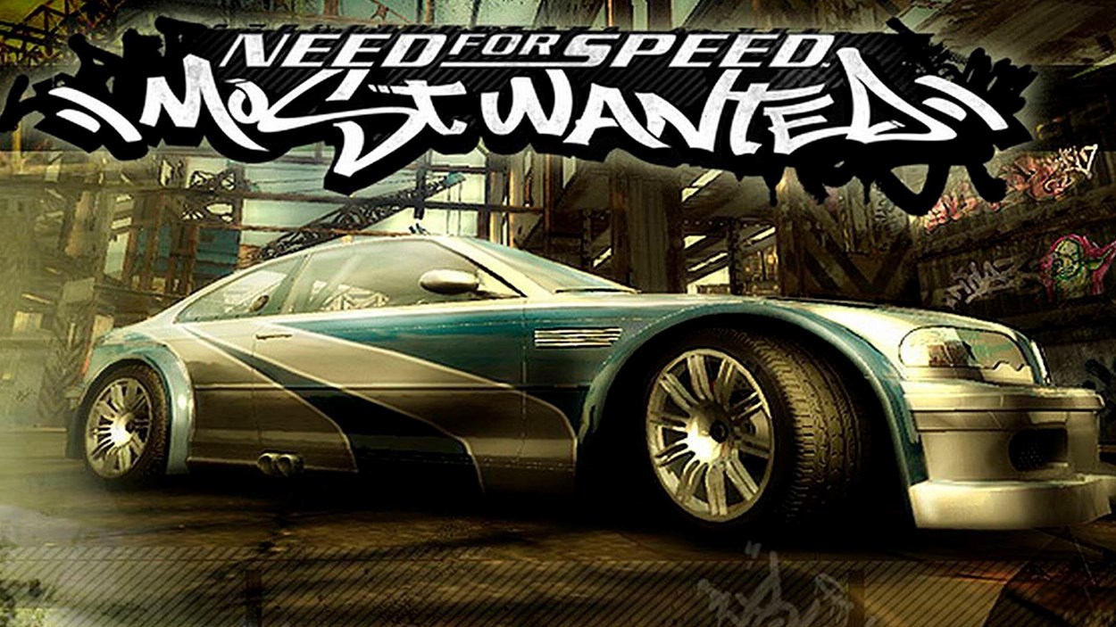 Need for Speed Most Wanted poster showing a car and a title in stylised letters 