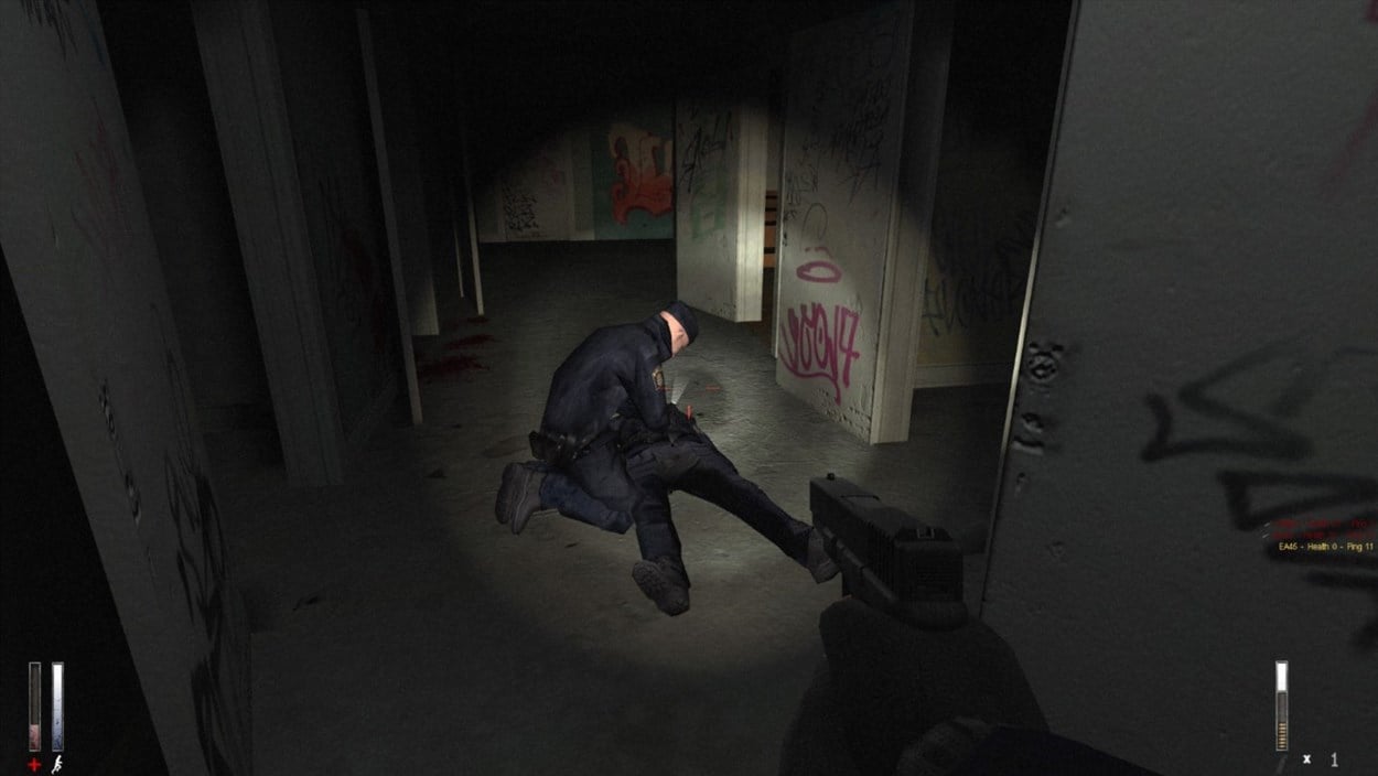 Cry of Fear screenshot showing dark, torchlit corridor and NPC crouched over a body