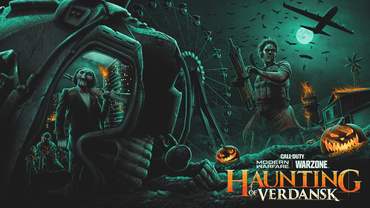 Promo poster for Haunting of Verdansk 2020, showing leatherface, JigSaw, Michael Myers, Ghostface and others