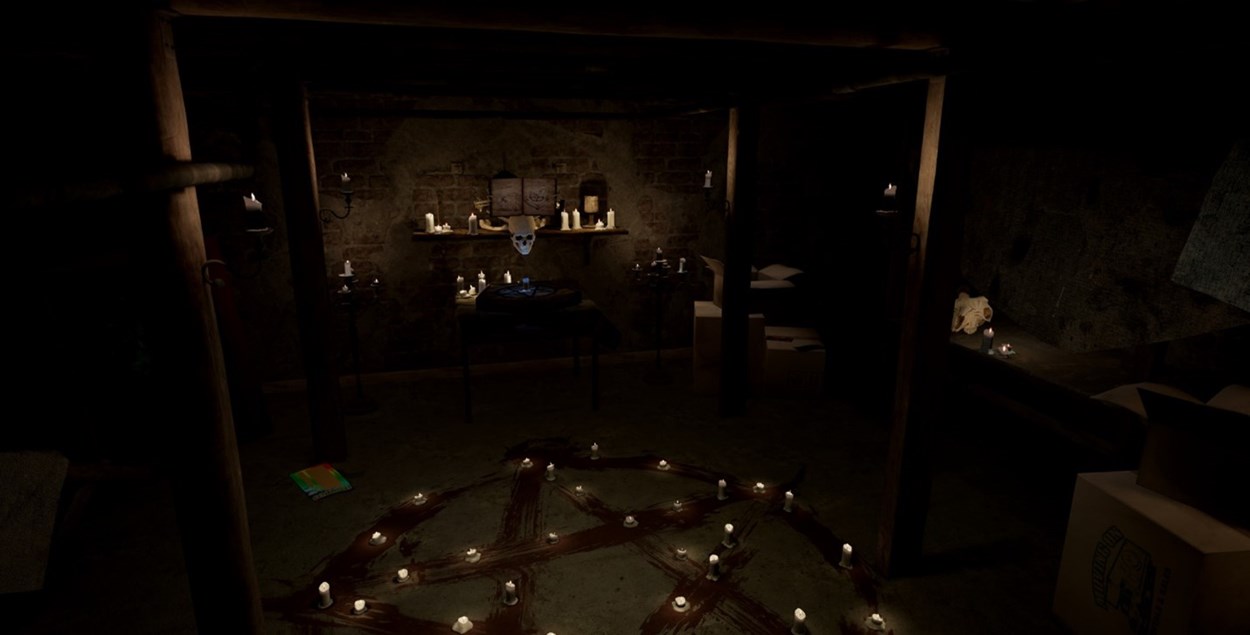 Steam screenshot of Paranormal Activity: The Lost Soul showing pentagram on the floor of dimly lit room