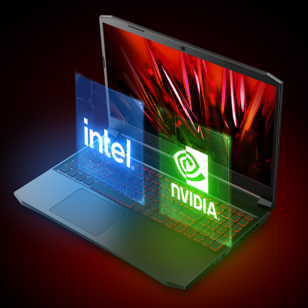 Acer Nitro 5 laptop with Intel and NVIDIA logos.