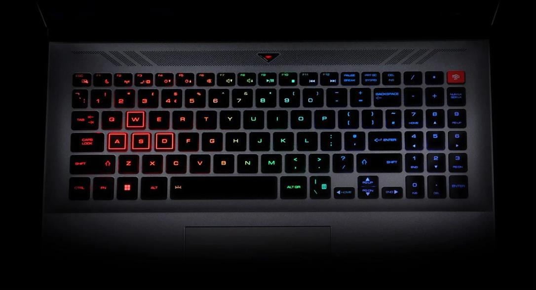 The Chillblast Defiant's RGB backlit keyboard, viewed from above